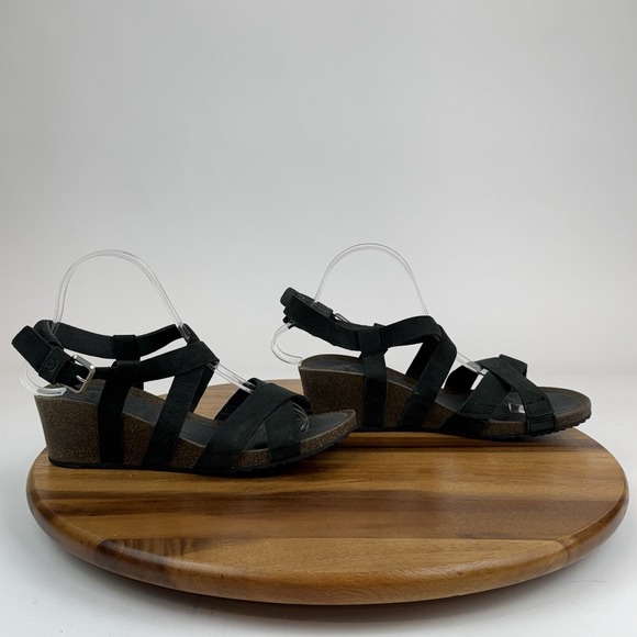 Womens Teva Mahonia Black Leather Comfort Cross Strappy Wedge Sandals Size 8‎ M - Picture 1 of 8